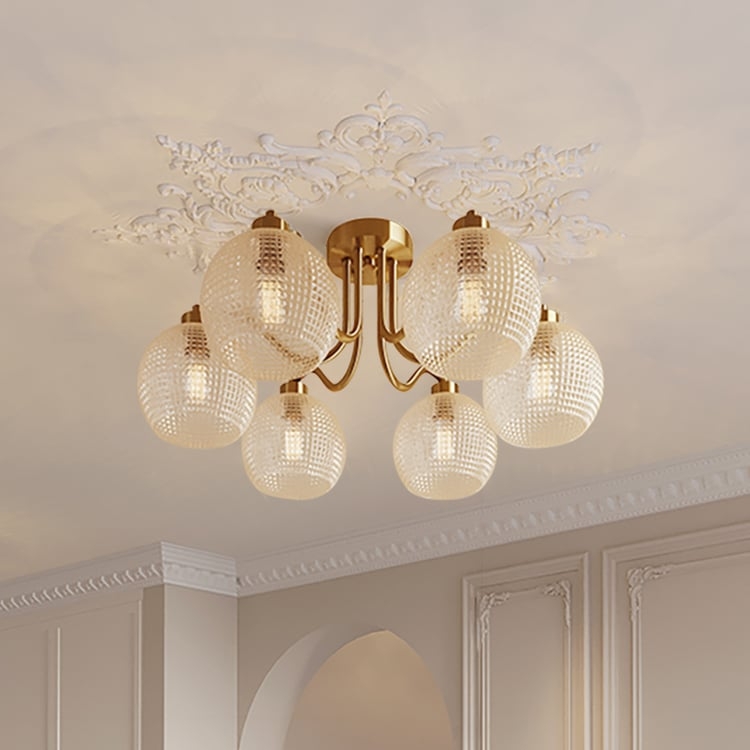 Gold Globe Semi-Flush Mount Six-Light Radiating Arms Retro Style