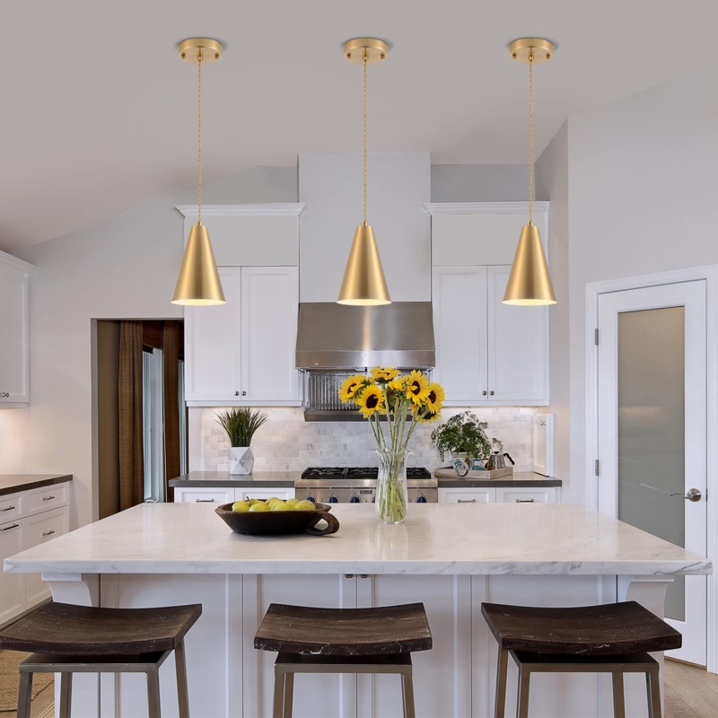 Gold Pendant Lights Kitchen Island,Dining Room Light Fixtures Over Table 3  Pack with Brushed Brass Cone Metal Shade, Modern Farmhouse Mini  Chandeliers,Adjustable Cord Hanging Lighting for Bar,Sink -