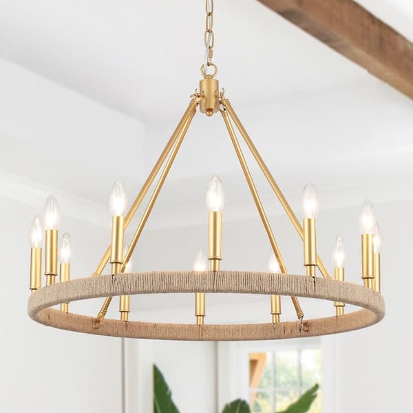 Gold Wagon Wheel Chandelier with Minimalist Candle Design