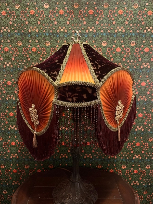 Gradient Pleated Lampshade, Gold to Burgundy Ombre, Knife Pleats