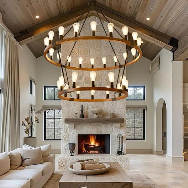 Grand 32-Light Two-Tier Wagon Wheel Chandelier for Large Foyers