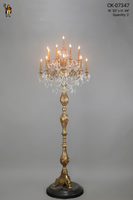 Grand Seventeen-Light Brass Floor Lamp with Tiered Crystal Drop Accents