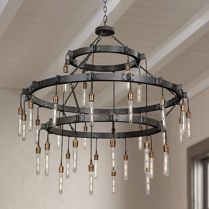 Grand Three Tier Chandelier Matte Gunmetal Wagon Wheel 36-Light