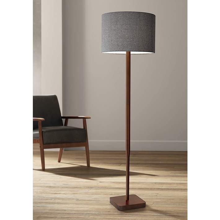Grey Drum Shade Floor Lamp Mid-Century Modern Wood Tripod
