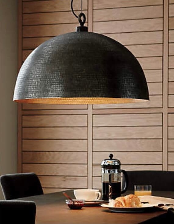 Hammered Black Dome Pendant Light, Artisanal Gold Interior