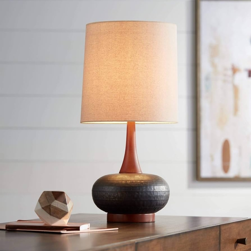 Hammered Bronze Base Table Lamp Tall Drum Shade Mixed Material
