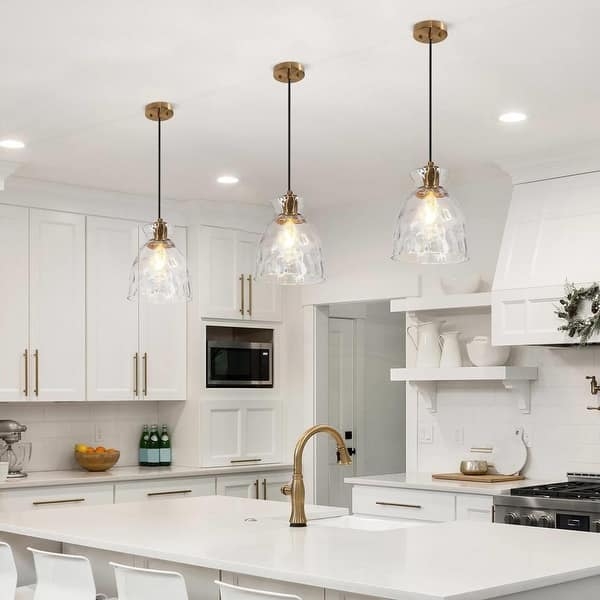 Hammered Glass Pendant Light, Brass Finish, Water Texture