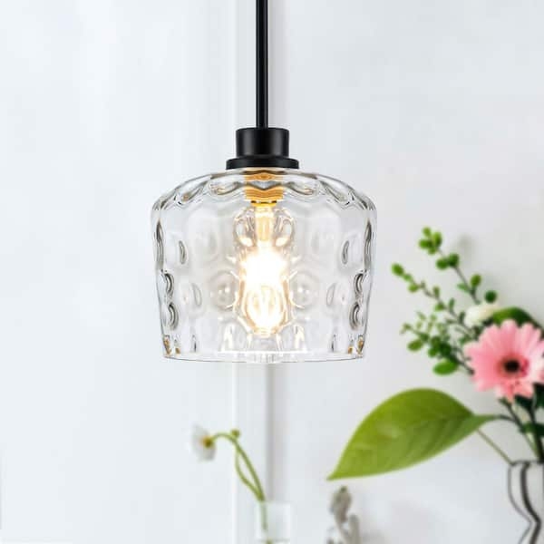 Hammered Glass Pendant Light Hand Blown Industrial Black Edison Bulb.
