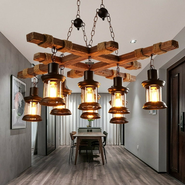 iMeshbean Rustic Farmhouse Furniture Wood Chandelier Pendant Lighting  Fixture For 7' - 8 ' Kitchen Dining Room Bar Hotel Industrial Decor