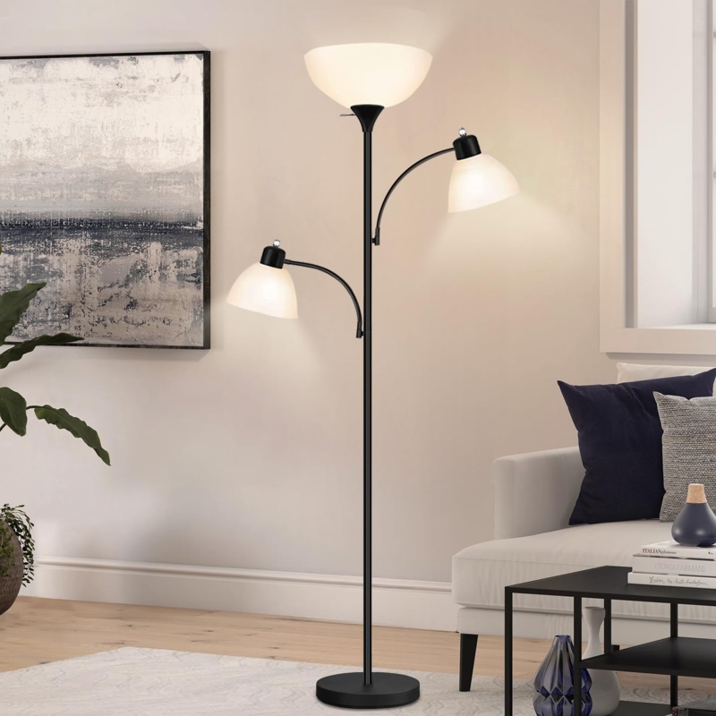 Industrial Black Torchiere Floor Lamp with Two Adjustable Reading Lights