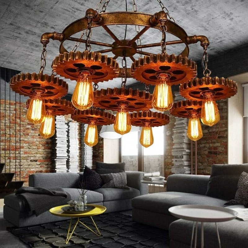 Industrial Chandelier, Nine-Light Gear Shapes for Steampunk Dining Room