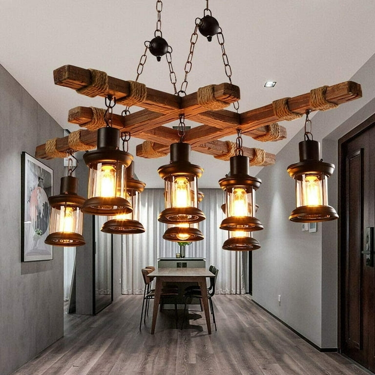 Industrial Farmhouse Chandelier Wood Toned Base Oil Lamp Shades