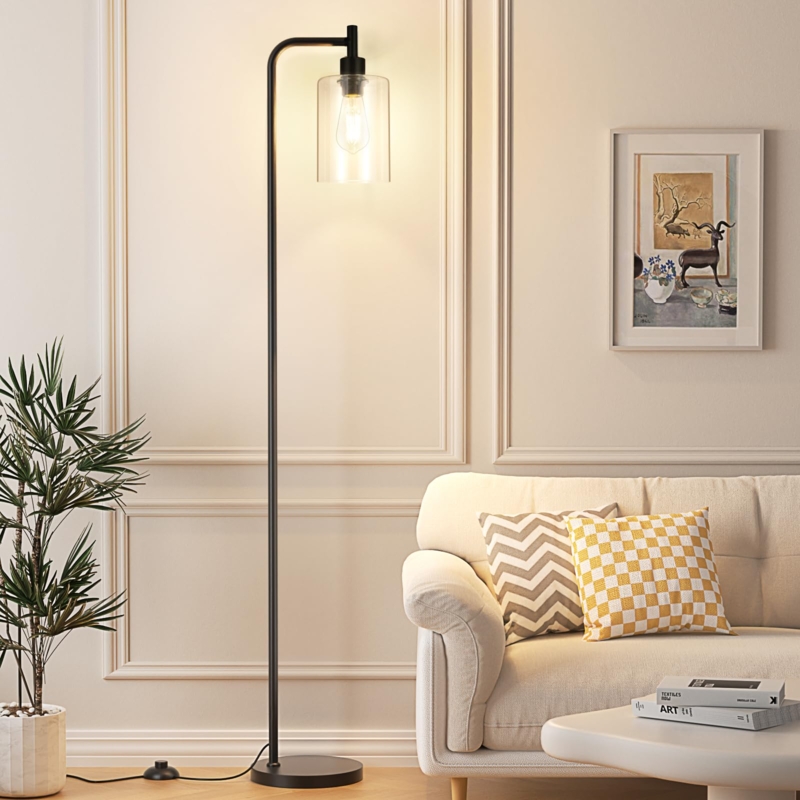 Industrial Floor Lamp Black Metal Clear Glass Shade Reading Nook