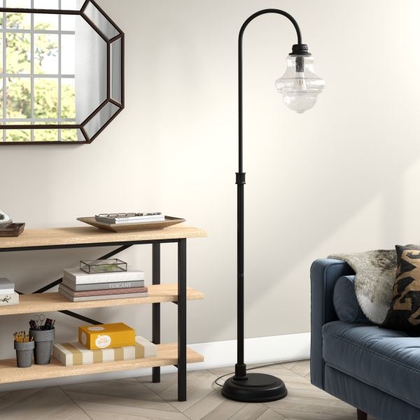 Industrial Floor Lamp: Blackened Bronze with Seeded Glass Shade