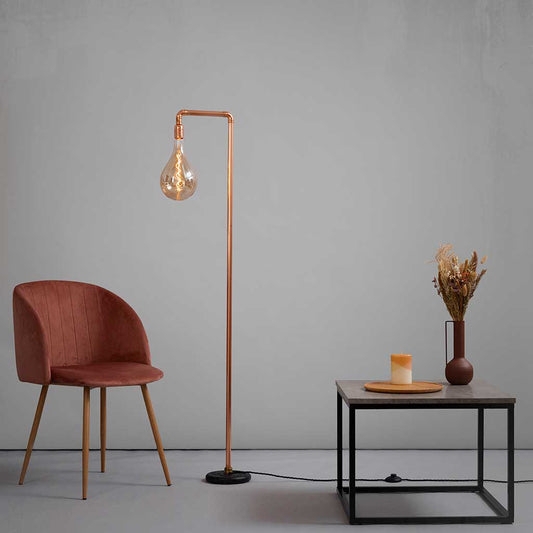 Industrial Floor Lamp Metallic Pipe Exposed Bulb Minimalist