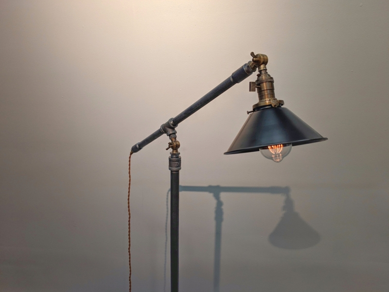 Industrial Floor Lamp: Rope Wrapped Cord, Articulating Arm, Antique Brass