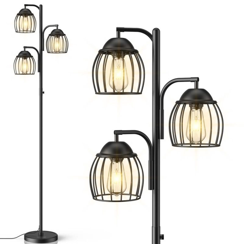 Industrial Floor Lamp w/ 3 Elegant Cage Heads Tree Standing Lamp