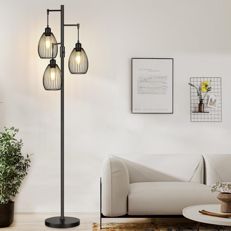 Industrial Floor Lamp with Cages, Black Tree Design, Teardrop Shades