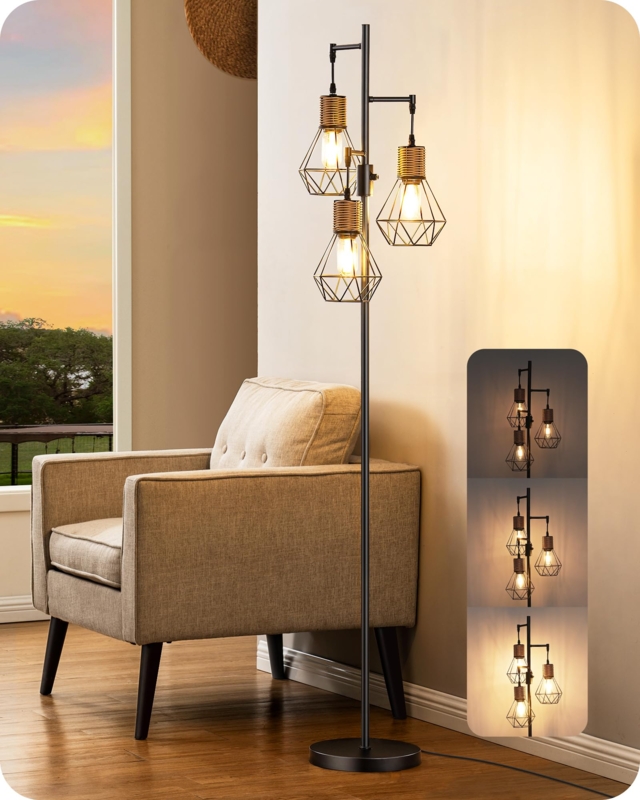 Industrial Floor Lamp with Rattan Inner Shade and Diamond Cage Design