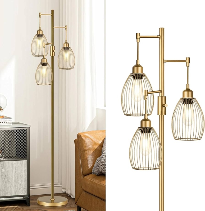 Industrial Gold Tree Floor Lamp, Three Teardrop Cage Heads, Brushed