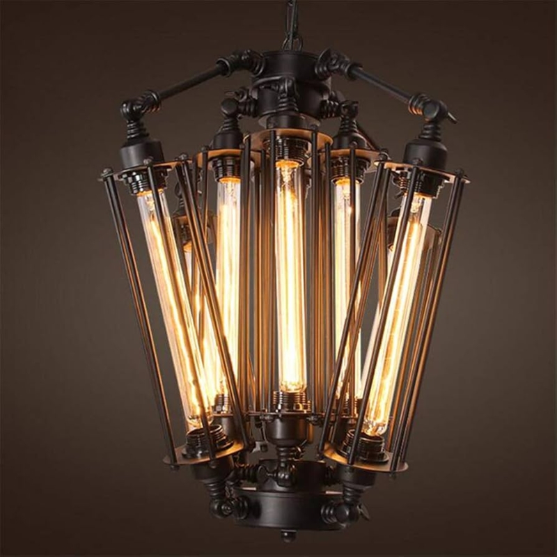 Industrial Linear Pendant Wire Cage Shades Eight-Light Matte Black