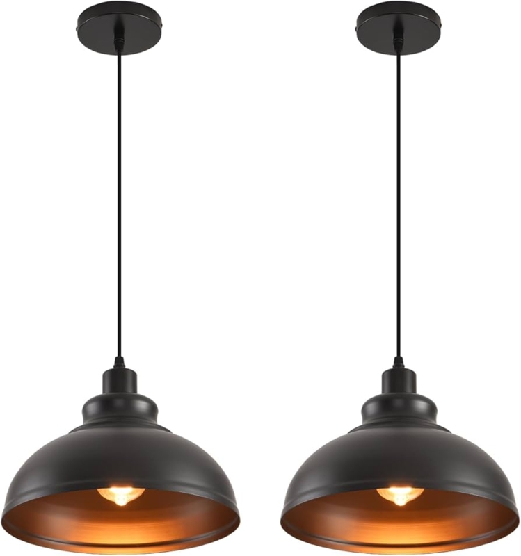 Industrial Matte Black Dome Pendant with Brushed Brass Socket Accents