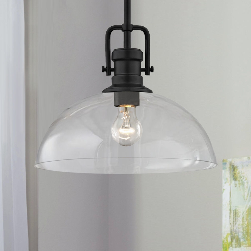 Industrial Pendant Light featuring Matte Black Dome with Glass Bottom