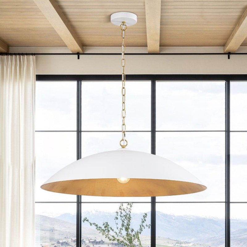 Industrial Pendant Light Oversized Matte White Dome Gold Interior