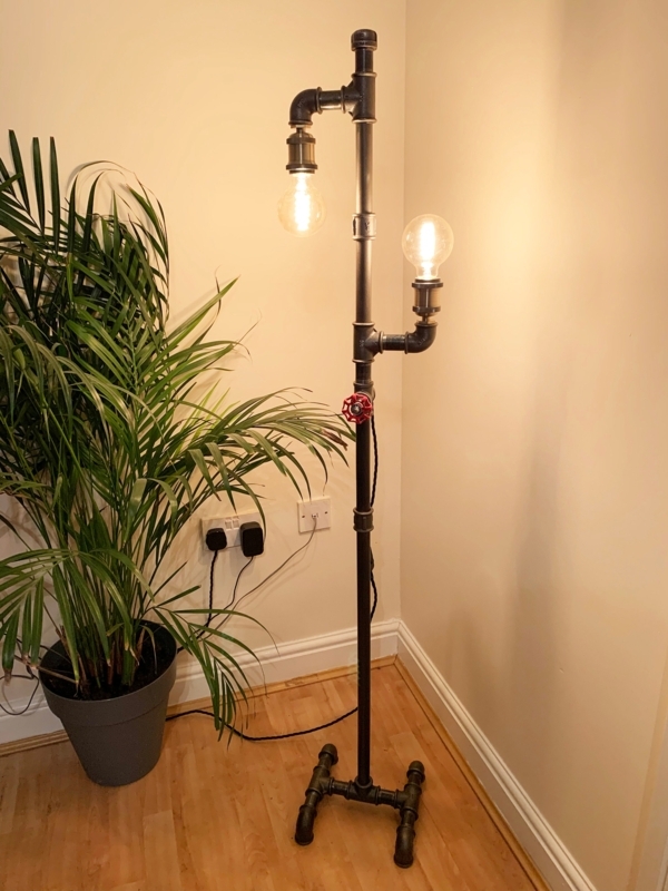 Industrial Pipe Floor Lamp featuring Red Valve Handle and Gear Base