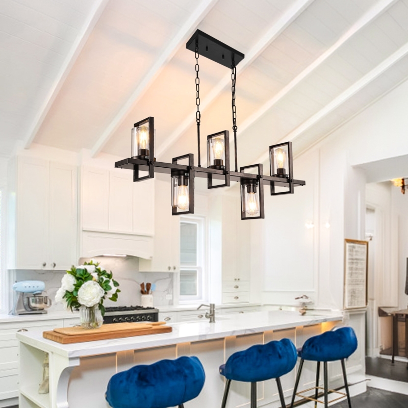 Industrial Rustic Pendant Lighting Seeded Glass Linear Five-Light