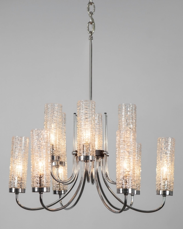 Industrial Style Chandelier Textured Glass Cylinders Polished Chrome