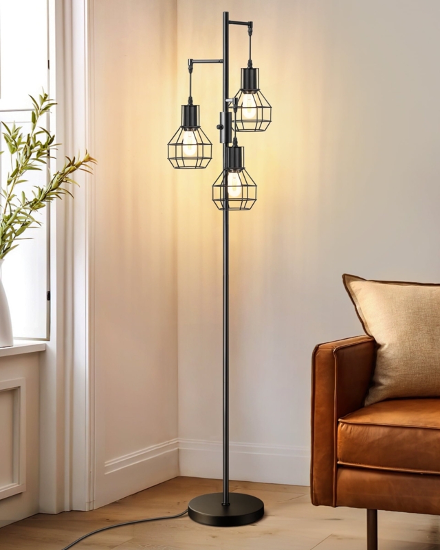 Industrial Tree Floor Lamp Black Three-Light Diamond Cages