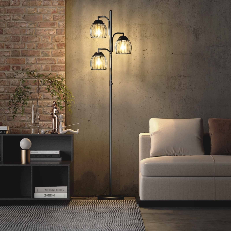 Industrial Tree Floor Lamp featuring Geometric Metal Cage Shades