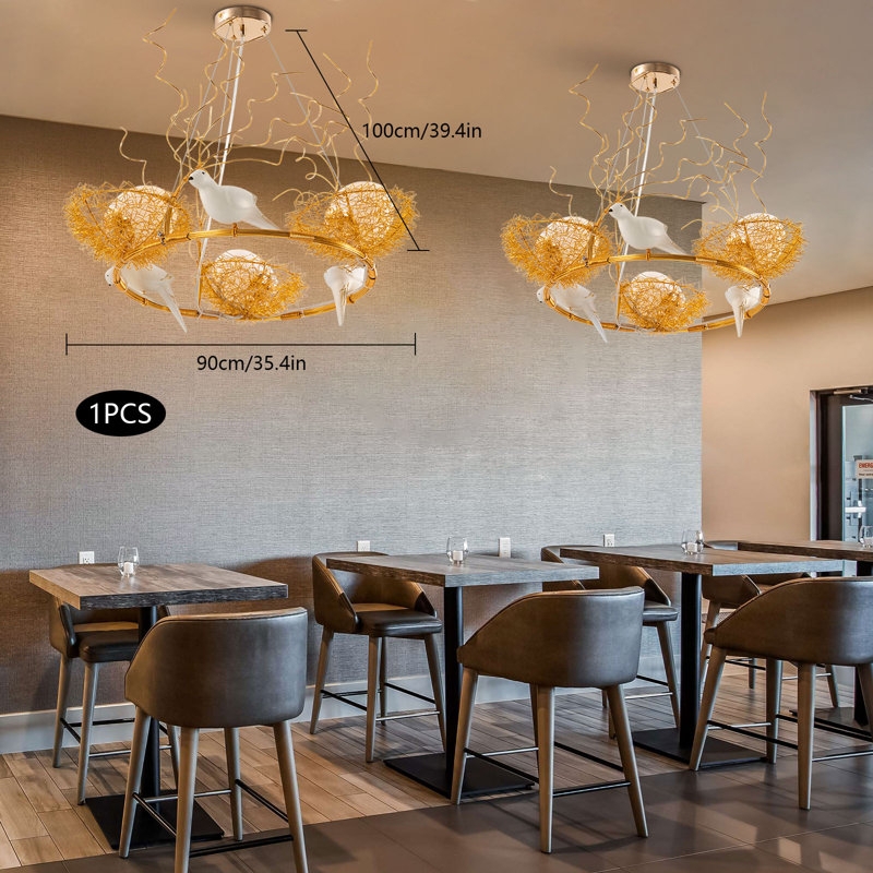 Intricate Wire Pendant Light with Light Gold Bird Nest Design