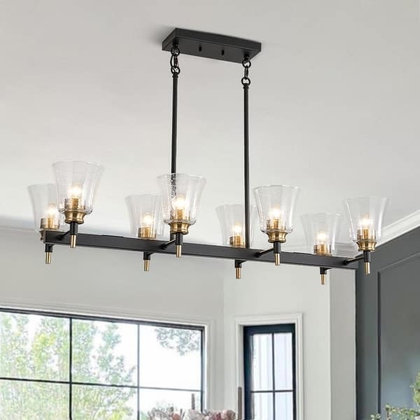 Island Chandelier Black Brass 8-Light Linear Seeded Glass Cones