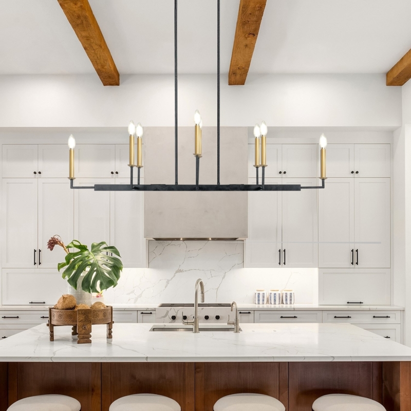 Island Chandelier: Linear Black and Gold, Eight Bare Bulbs
