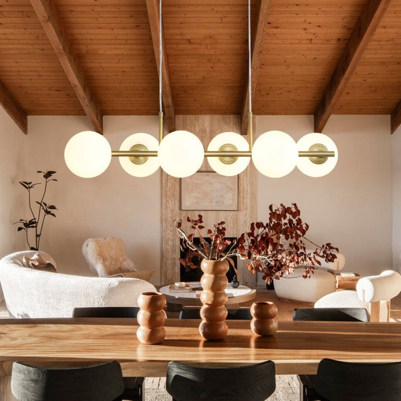Island Chandelier Linear Brass Frame Frosted Glass Bubbles Modern