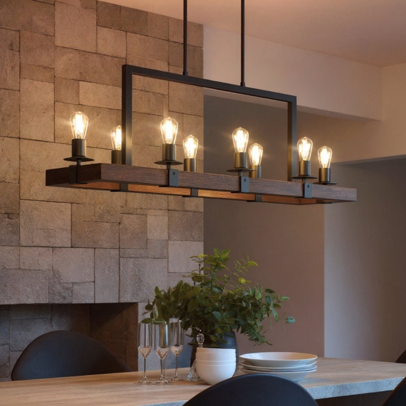 Island Chandelier Linear Walnut Wood Frame Six Light Exposed Bulbs