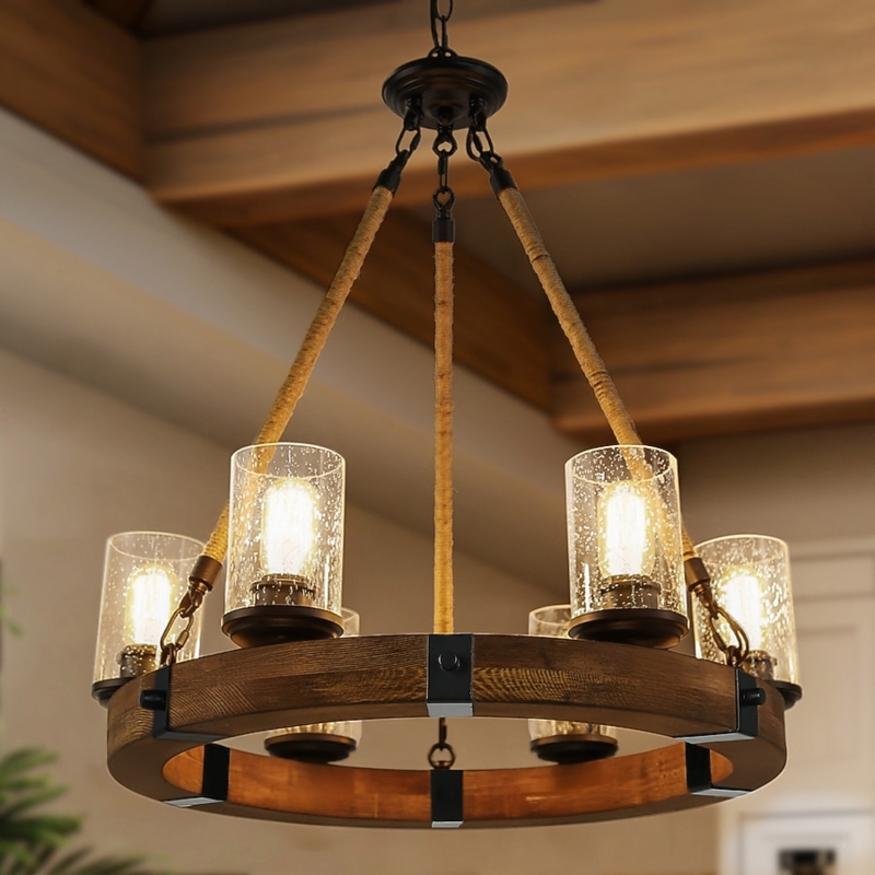 Island Chandelier Linear Wood Frame 6-Light Seeded Glass Farmhouse