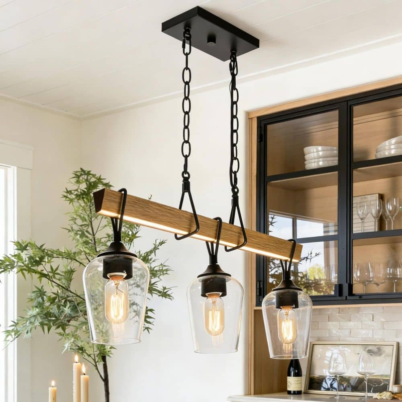 Island Chandelier Mixed Material Frame Seeded Glass Rustic Linear