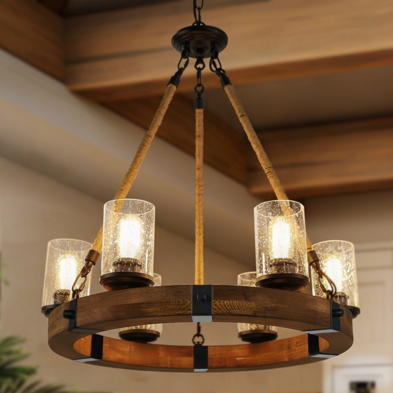 Island Chandelier, Seeded Glass Shades, Linear Wood And Black Frame