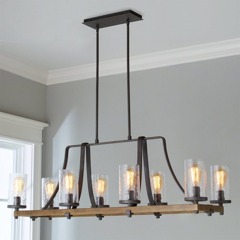 Island Chandelier Wavy Glass Distressed Oak Industrial Farmhouse