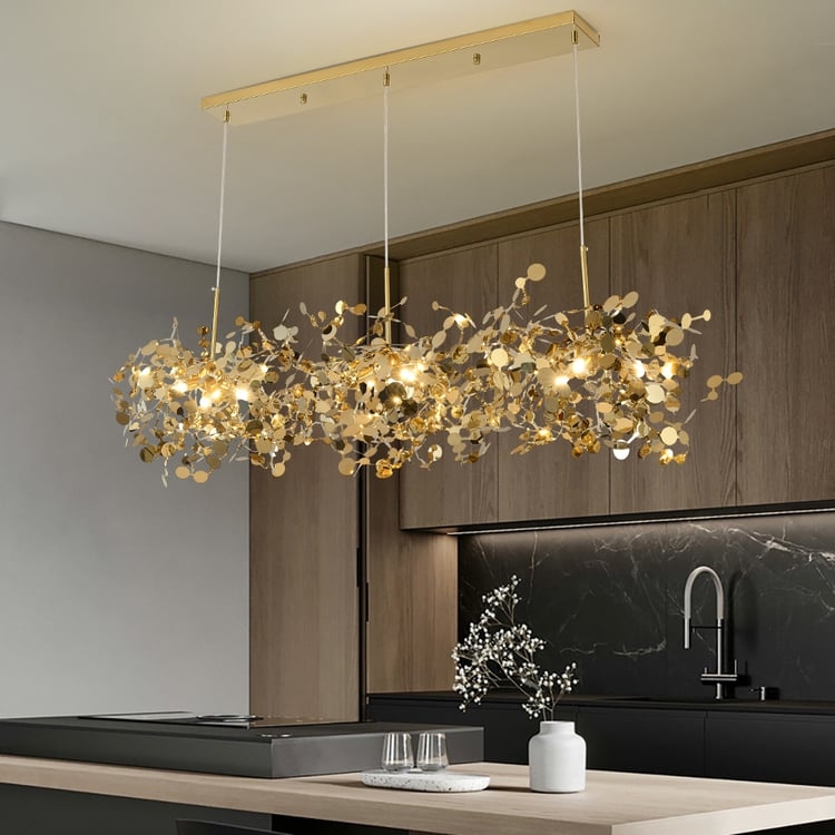 Island Chandelier with Textured Glass Shades: Gold Linear Modern Glam Light