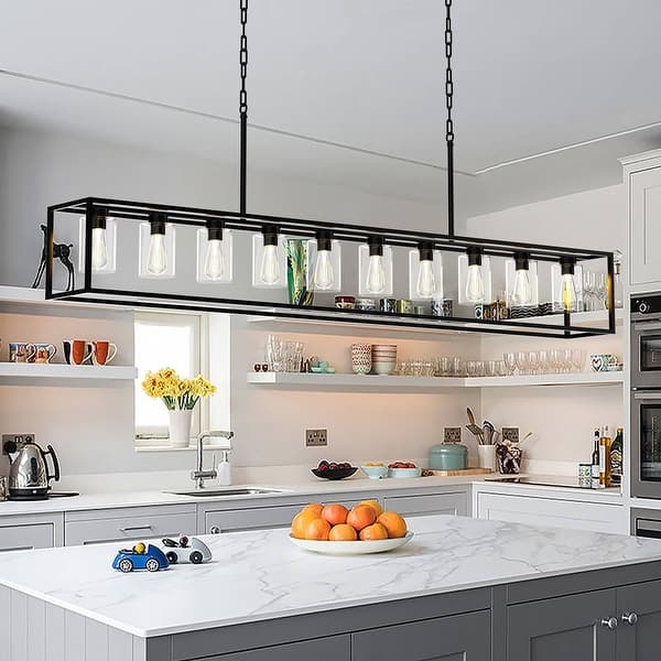 Island Light Matte Black Ten Light Rectangular Clear Glass Fixture