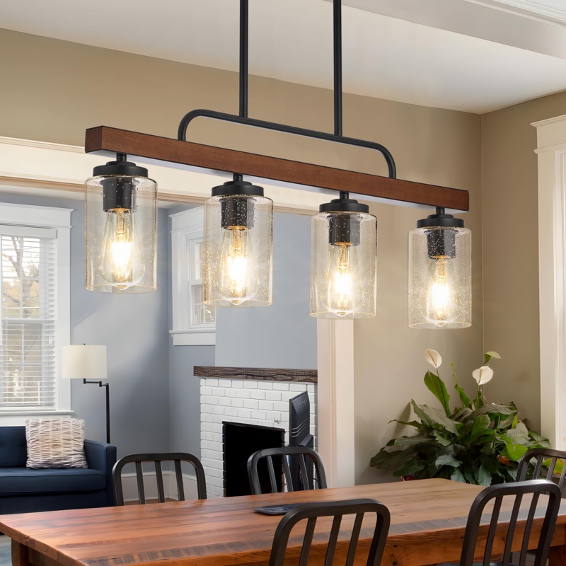 Island Lighting Linear Wood Beam Seeded Glass Modern Farmhouse