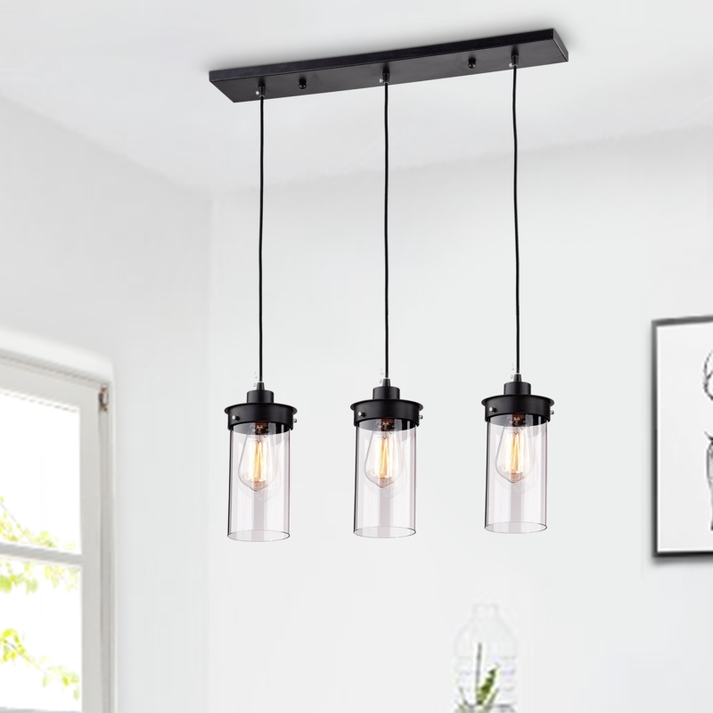 Island Pendant, Cylindrical Glass Shades, Exposed Filaments, Black Linear Pendant