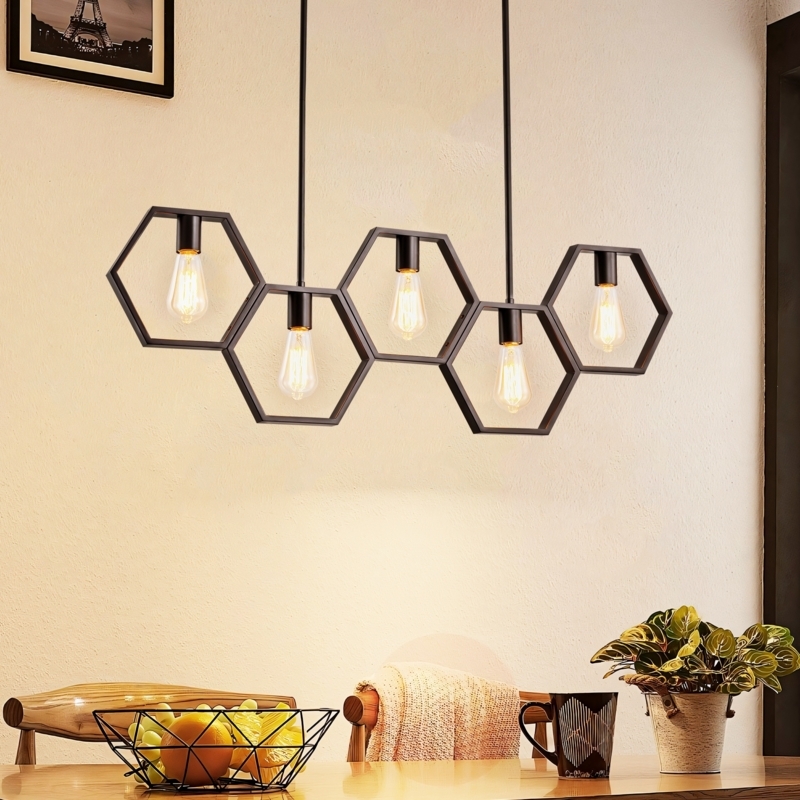 Island Pendant Geometric Cage Linear Silhouette Five Light Design