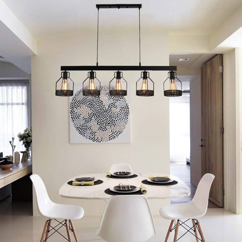 Island Pendant Industrial 5-Light Linear Matte Black Geometric Wire