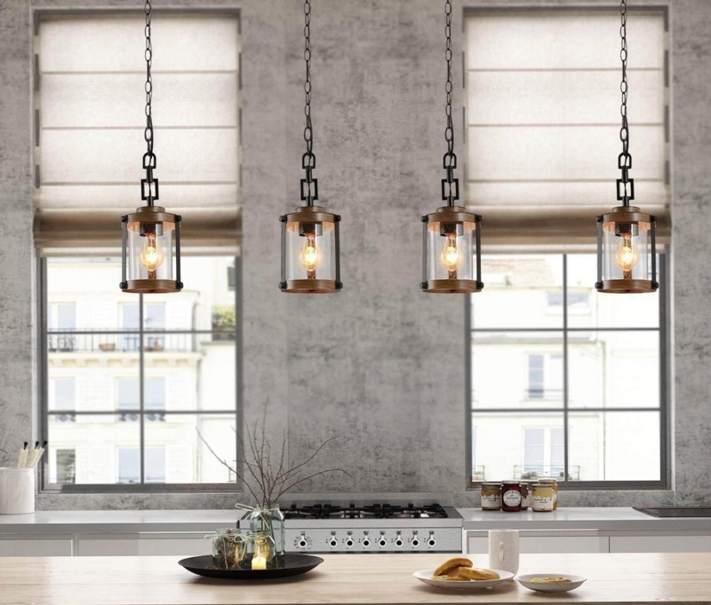 Island Pendant Light Linear Frame Matte Black with Wood Beam Accent