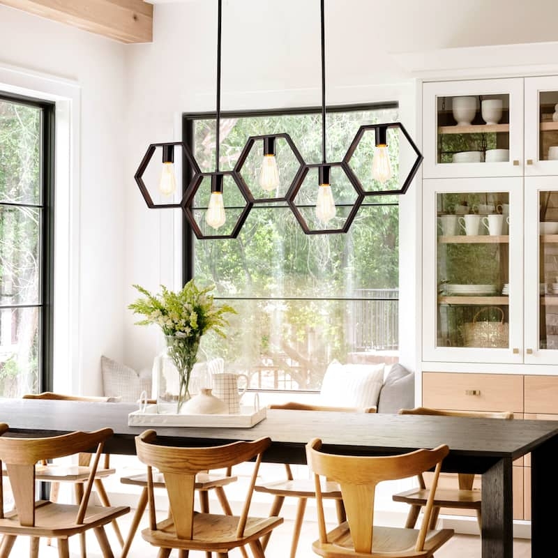 Island Pendant Light Linear Geometric Frame Exposed Brass Sockets